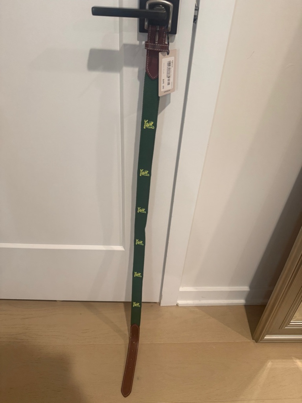 Peter Millar Green Webbing Belt with Brown Leather Trim